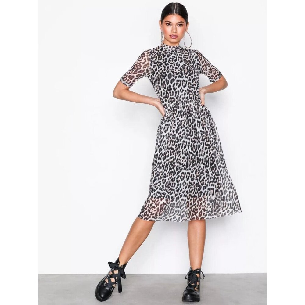 Vero Moda Women's Midi Animal‎ Print High Neck A-line Short Sleeve Dress size S